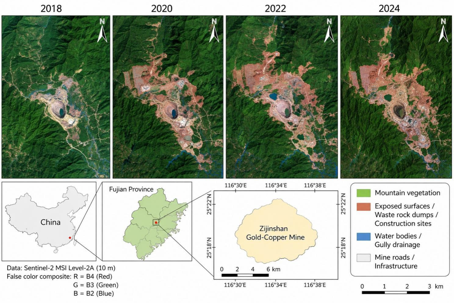 Multiple Sentinel-2 color images of the Zijinshan Gold-Copper Mine