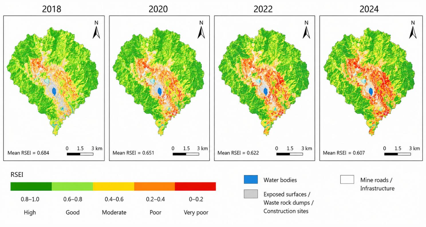 Spatial distribution of RSEI derived from remote sensing observations from 2018 to 2024
